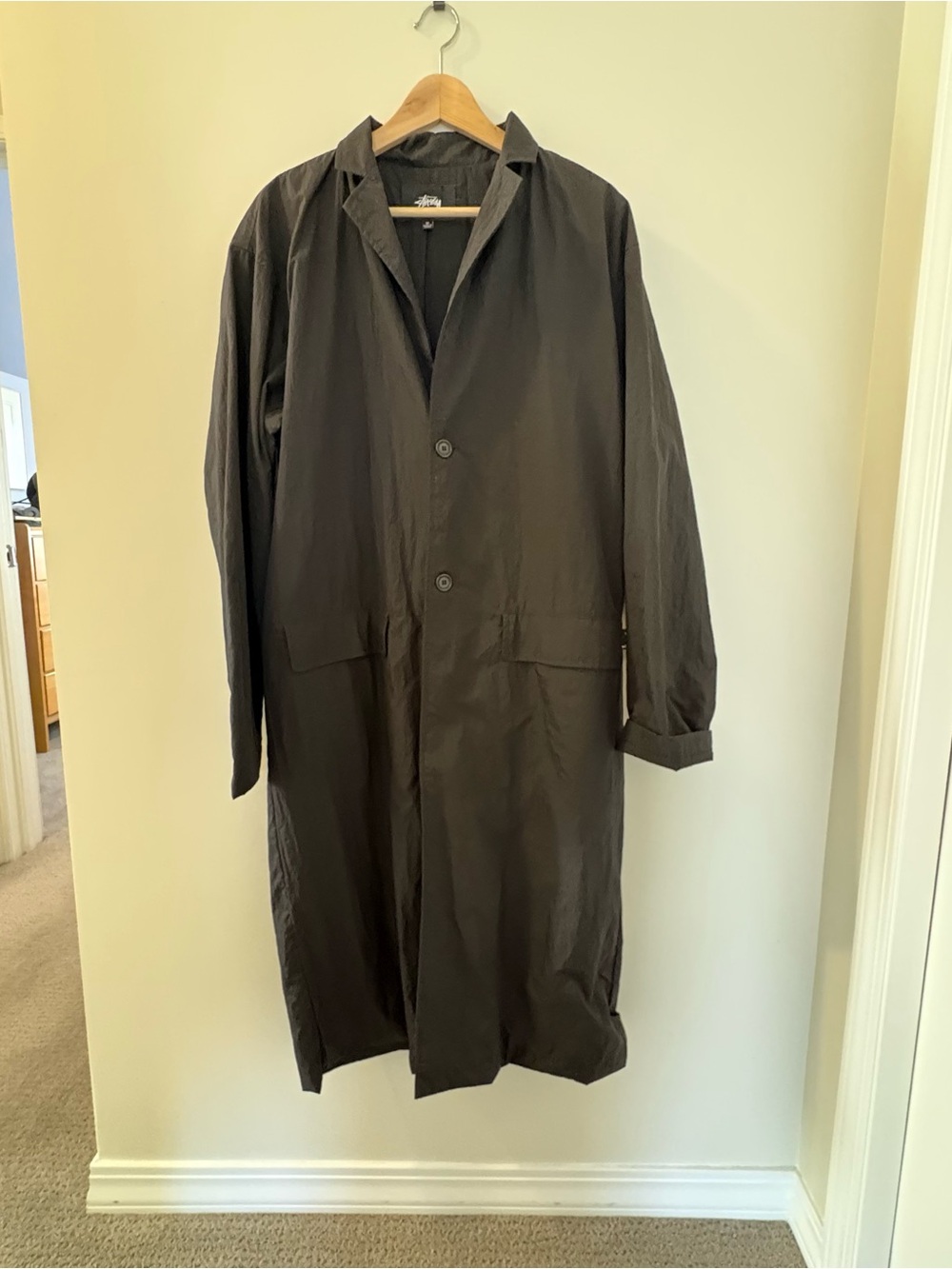 Stussy sz M Long Black Overcoat - Classic Single-Breasted Jacket Unisex
